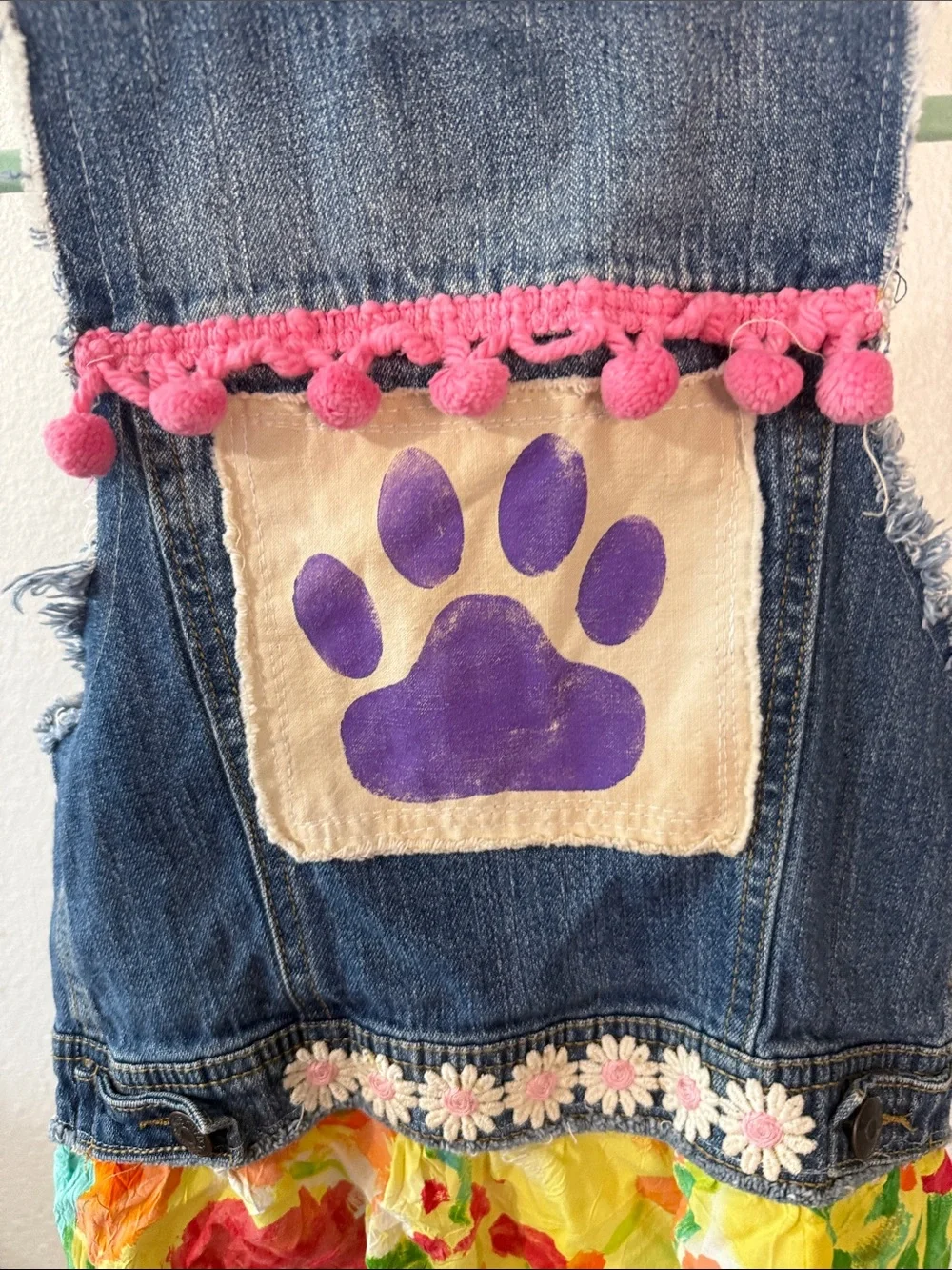 Girls' Denim Floral Embroidered Vest with Yellow Floral Hem